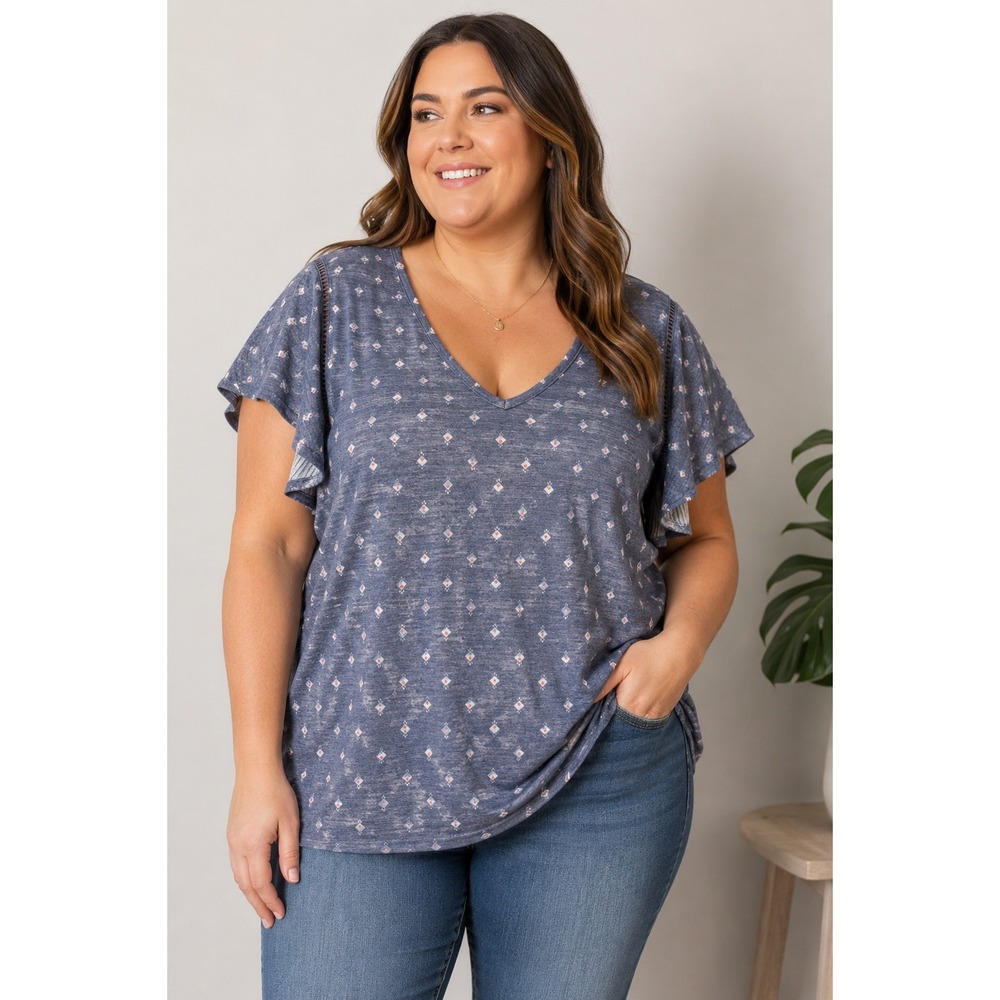 Wonderly Blue Geometric Diamond Print V-Neck Flutter Sleeve Top 2X Boho Lace